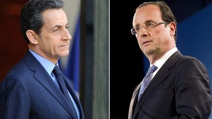 Si Nicolas Sarkozy progresse aux deux tours, François Hollande reste devant au second. (ERIC FEFERBERG FRED DUFOUR / AFP)