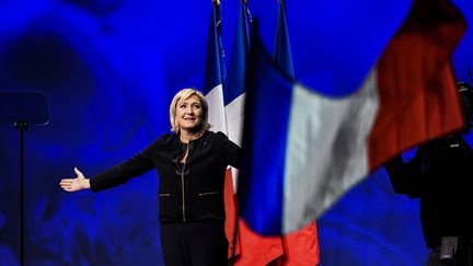 Marine Le Pen a lancé, dimanche 5 février, sa campagne lors du meeting à Lyon.&nbsp; (JEFF PACHOUD / AFP)