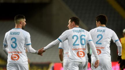 L'OM de Florian Thauvin et Alvaro Gonzalez remportent le point du match nul à Lens, mercredi 3 février 2021. (FRANCOIS LO PRESTI / AFP)