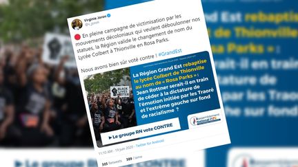 Un tweet du Rassemblement national après l'annonce du changement de nom du lycée Colbert.&nbsp; (CAPTURE ECRAN)