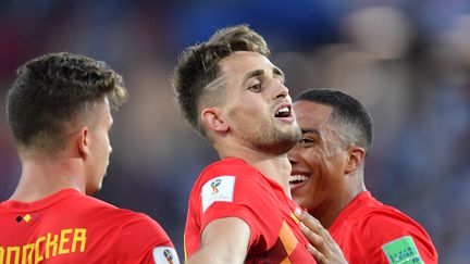 Le Belge Adnan Januzaj&nbsp;célèbre son but face à l'Angleterre, jeudi 28 juin à Kaliningrad (Russie), lors du dernier match de la phase de poules. (VLADIMIR PESNYA / SPUTNIK / AFP)