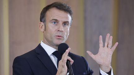 Le président de la République Emmanuel Macron, le 1er novembre 2023 à Astana (Kazakhstan). (LUDOVIC MARIN / AFP)