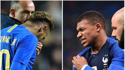 A gauche, Neymar quitte le terrain, le 20 novembre 2018 après un match&nbsp;disputé avec le Brésil&nbsp;contre le Cameroun.&nbsp;Mbappé tient son épaule droite, le même jour, lors d'un match de la France contre&nbsp;l'Uruguay. (GLYN KIRK / AFP)