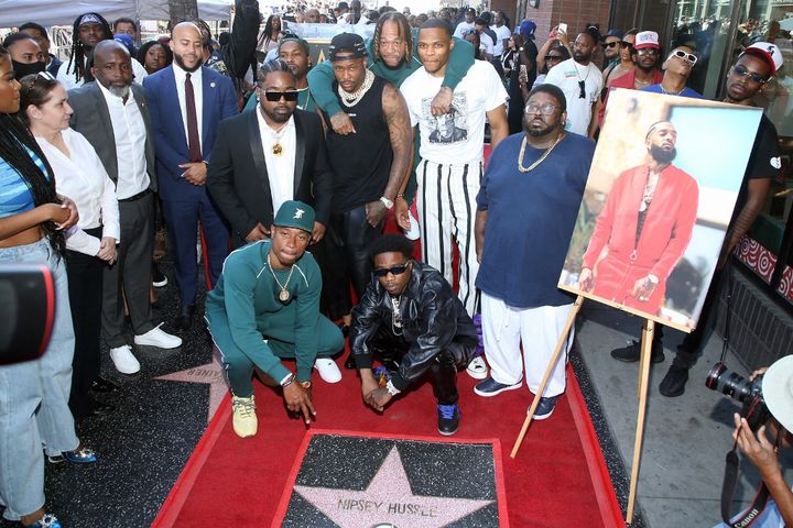 Rapper Nipsey Hussle was honored with a posthumous star on the Hollywood Walk of Fame in the presence of Isiah Thomas, YG, Roddy Ricch, and Russell Westbrook, on August 15, 2022. (PHILLIP FARAONE / GETTY IMAGES NORTH AMERICA / AFP)