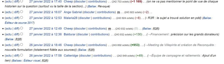 L'historique de la page Wikipédia d'Eric Zemmour permet de suivre les modifications réalisées par Cheep, le contributeurs membre de la cellule pro Zemmour. (CAPTURE D'ECRAN WIKIPEDIA)