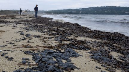 Des passants sur la plage de Pampelonne de Ramatuelle (Var), mardi 16 octobre 2018. (GERARD JULIEN / AFP)