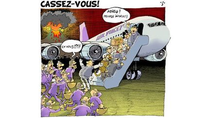 Ben Ali prenant l'avion pour l'Arabie Saoudite le 14 janvier 2011. Z a dessiné cette caricature quelques semaines avant la fuite. Comme qui dirait un dessin prémonitoire... (Z - DEBATunisie)