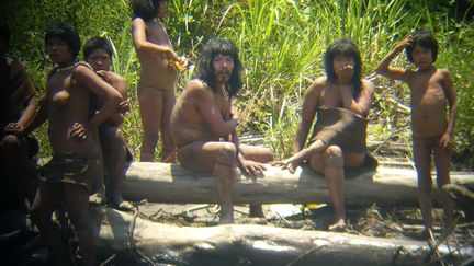 Des membres de la tribu des Mascho-Piro sont photographi&eacute;s au t&eacute;l&eacute;objectif sur les berges de la rivi&egrave;re Alto Madre (P&eacute;rou), le 16 novembre 2011. Cette tribu refuse tout contact avec le monde ext&eacute;rieur et il est donc rarissime de pouvoir les observer. (DIEGO CORTIJO / REUTERS)