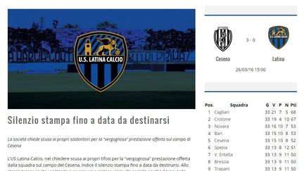 Capture d'écran du communiqué de l'US Latina Calcio qui s'excuse après sa défaite face à Cesena (3-0). (USLATINACALCIO.IT)