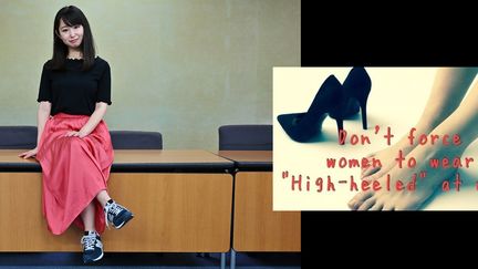 La comédienne japonaise Yumi Ishikawa fondatrice du mouvement&nbsp;#KuToo visant à en finir avec l'obligation de porter des talons au bureau, conférence de presse, Tokyo, 3 juin 2019 (Charly TRIBALLEAU / AFP)