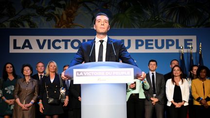 Jordan Bardella, tête de liste du Rassemblement national pour les élections européennes, prononce un discours à Paris, le 26 mai 2019. (BERTRAND GUAY / AFP)