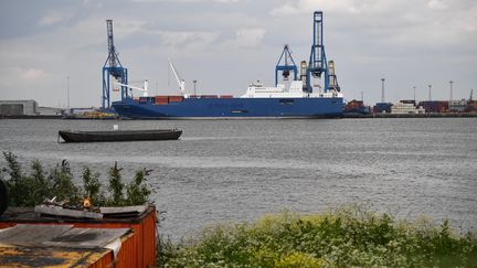 Le cargo saoudien "Bahri Yanbu", qui doit réceptionner un chargement d'armes, photographié le 7 mai 2019 à Tilbury (Royaume-Uni). (BEN STANSALL / AFP)