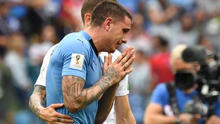 L'Uruguayen&nbsp;&nbsp;Jose Gimenez face à la France le 6 juillet 2018 à&nbsp;Nizhny Novgorod (Russei). (DIMITAR DILKOFF / AFP)