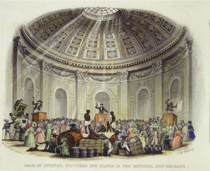 "Vente de domaines, de tableaux et d'esclaves dans la Rotonde de la Nouvelle-Orléans", 1842.&nbsp; (The Historic New Orleans Collection)