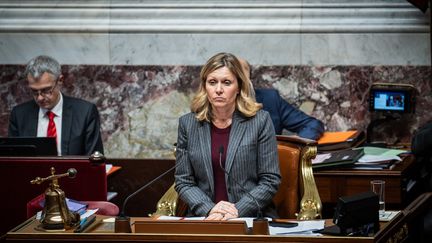 Yael Braun-Pivet, présidente de l'Assemblée nationale, lors des questions au gouvernement, le 19 novembre 2024, à Paris. (XOSE BOUZAS / HANS LUCAS / AFP)