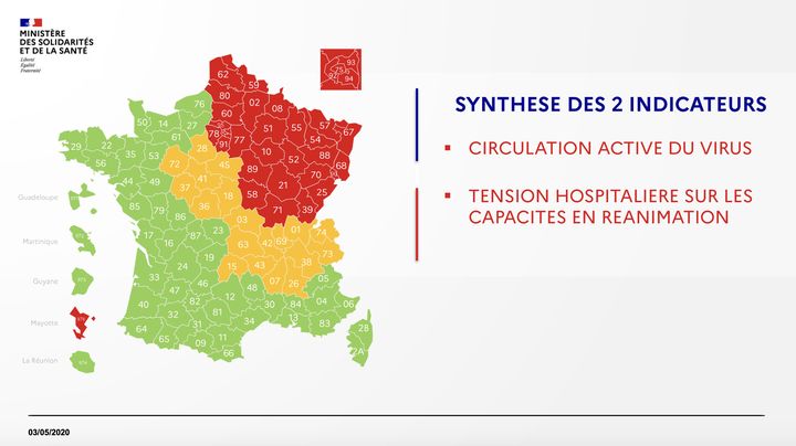 La carte du déconfinement le 3 mai 2020. (DGS / FRANCEINFO)