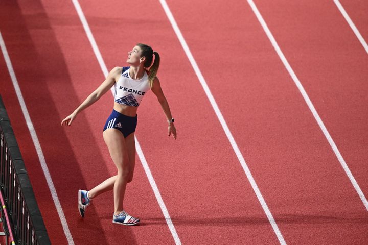 Margot Chevrier en finale des&nbsp;Mondiaux d'athlétisme, le 19 mars 2022 à Belgrade (Serbie). (KEMPINAIRE STEPHANE / KMSP / AFP)