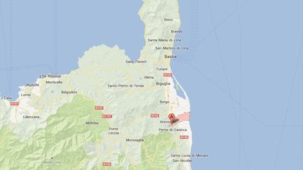 Capture d'&eacute;cran Google Maps de Venzolasca, en&nbsp;Haute-Corse, o&ugrave; trois hommes ont &eacute;t&eacute; gri&egrave;vement bless&eacute;s le 3 juillet 2013. (GOOGLE MAPS / FRANCETV INFO)