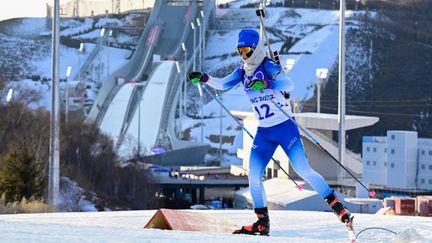 Anaïs Chevalier-Bouchet, sur le 15 kilomètres individuel de biathlon aux Jeux olympiques de Pékin, le 7 février 2022. (TOBIAS SCHWARZ / AFP)