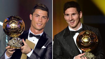 Cristiano Ronaldo lors de la remise de son Ballon d'or, le 13 janvier 2014, et Lionel Messi lors de l'obtention de son quatri&egrave;me Ballon d'or, le 7 janvier 2013. (FABRICE COFFRINI / AFP)