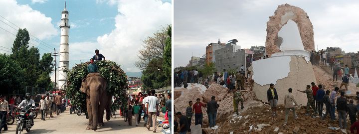 &Agrave; gauche, la tour Dharahara avant le s&eacute;isme (en arri&egrave;re-plan sur une photo d'octobre 1998). &Agrave; droite, ce qu'il en reste au lendemain du s&eacute;isme, le 26 avril 2015N. (STF / AFP)