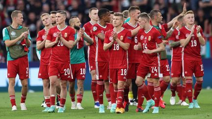 Les joueurs de la Hongrie lors du match face au Portugal, le 15 juin 2021. (ALEX PANTLING / AFP)