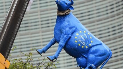 Une statue de vache peinte aux couleurs du drapeau europ&eacute;en est pendue haut et court face &agrave; la Commission europ&eacute;enne.&nbsp; (EMMANUEL DUNAND / AFP)