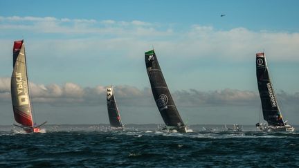 Les skippers prennent le départ du Vendée Globe, le 8 novembre 2020 au large des Salbles-d'Olonne (Vendée). (JEAN-FRANCOIS MONIER / AFP)