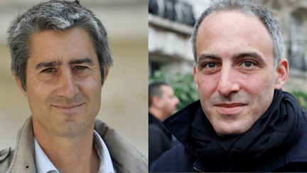 François Ruffin (à gauche), le 21 juin 2022, devant l'Assemblée nationale, et Raphaël Glucksmann (à droite), le 22 février 2022 devant l'ambassade russe à Paris. (JULIEN DE ROSA / LUDOVIC MARIN / AFP)