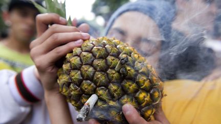 Des jeunes gens fument un joint dans un ananas lors d'une manifestation pour demander la l&eacute;galisation du cannabis &agrave; Medellin (Colombie), le 5 mai 2012. (RAUL ARBOLEDA / AFP)