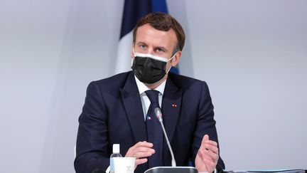 Emmanuel Macron devant la Convention citoyenne pour le climat, le 14 décembre 2020, à Paris. (THIBAULT CAMUS / AFP)