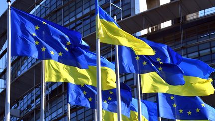 Les drapeaux de l'Ukraine flottent devant le&nbsp;Parlement européen, à Strasbourg, le 7 mars&nbsp;2022. (LAURENT REA / MAXPPP)