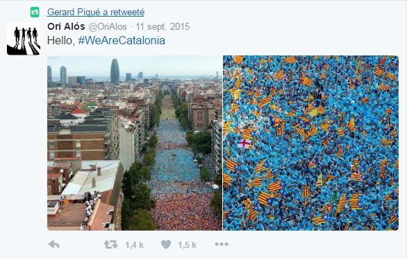 Des photos de la manifestation pro-indépendance catalane, le 11 septembre 2015 à Barcelone, republié sur Twitter par Gérard Piqué. (TWITTER / 3GERARDPIQUE)