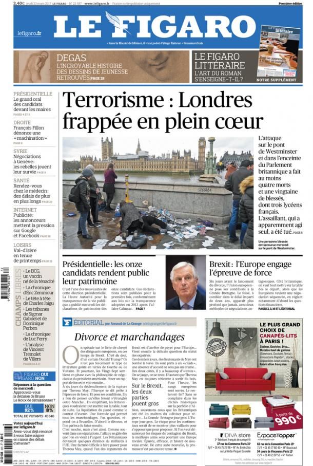 La une du Figaro datée du jeudi 23 mars. (Le Figaro)