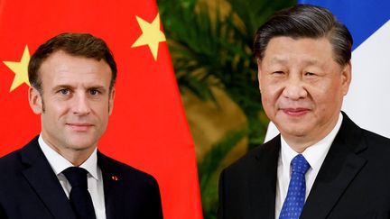 Emmanuel Macron (à gauche) et Xi Jinping avant leur rencontre à Nusa Dua, sur l'île balnéaire indonésienne de Bali, le 15 novembre 2022, en marge du sommet du G20. (LUDOVIC MARIN / POOL)