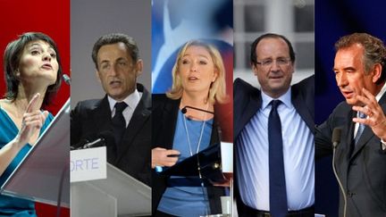 Nathalie Arthaud, Nicolas Sarkozy, Marine Le Pen, Fran&ccedil;ois Hollande et Fran&ccedil;ois Bayrou, cinq des dix candidats &agrave; la pr&eacute;sidentielle 2012.&nbsp; (AFP / REUTERS)
