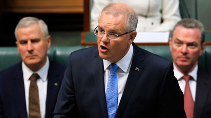 Le Premier ministre australien Scott Morrison, lors des excuses nationales de l'Etat australien aux victimes de pédophilie, devant le Parlement, le 22 octobre 2018. (SEAN DAVEY / AFP)