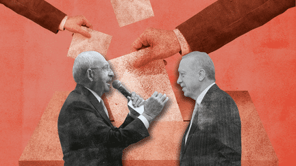 Parmi les trois candidats à la présidentielle du 14 mai 2023 en Turquie, deux d'entre eux dominent les sondages : le conservateur nationaliste Recep Tayyip Erdogan (à droite) et le social-démocrate Kemal Kiliçdaroglu (à gauche). (ASTRID AMADIEU / FRANCEINFO)