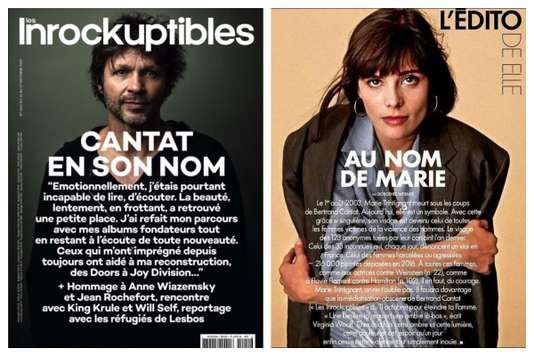 A gauche, la Une des Inrocks sur Cantat, à droite, l'édito de Elle Magazine. 
 (Les Inrockuptibles / Elle Magazine)