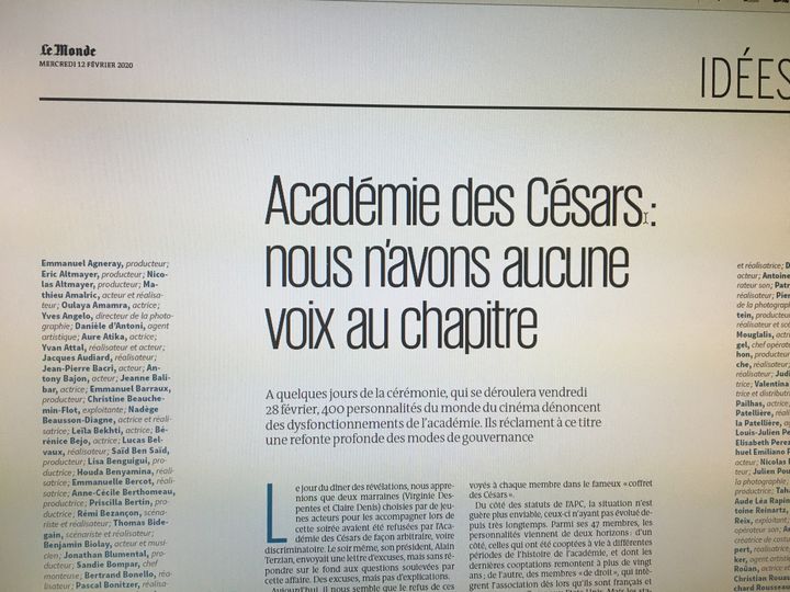 400 figures du cinéma français mettent en cause le fonctionnement de l'Académie des César dans une tribune du journal Le Monde (Le Monde)