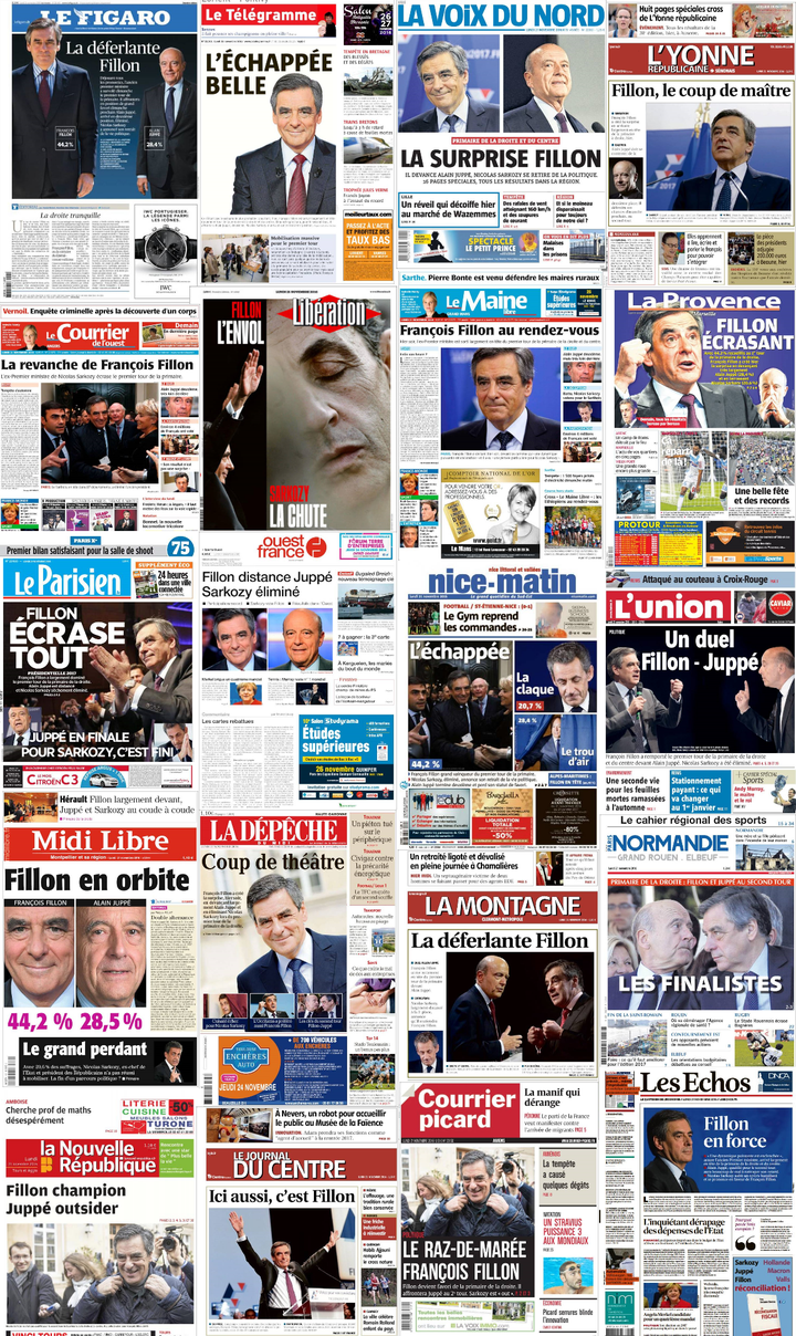 Montage des unes de la presse datées du 21 novembre 2016 après le très bon score de François Fillon, au premier tour de la primaire à droite. (DR)