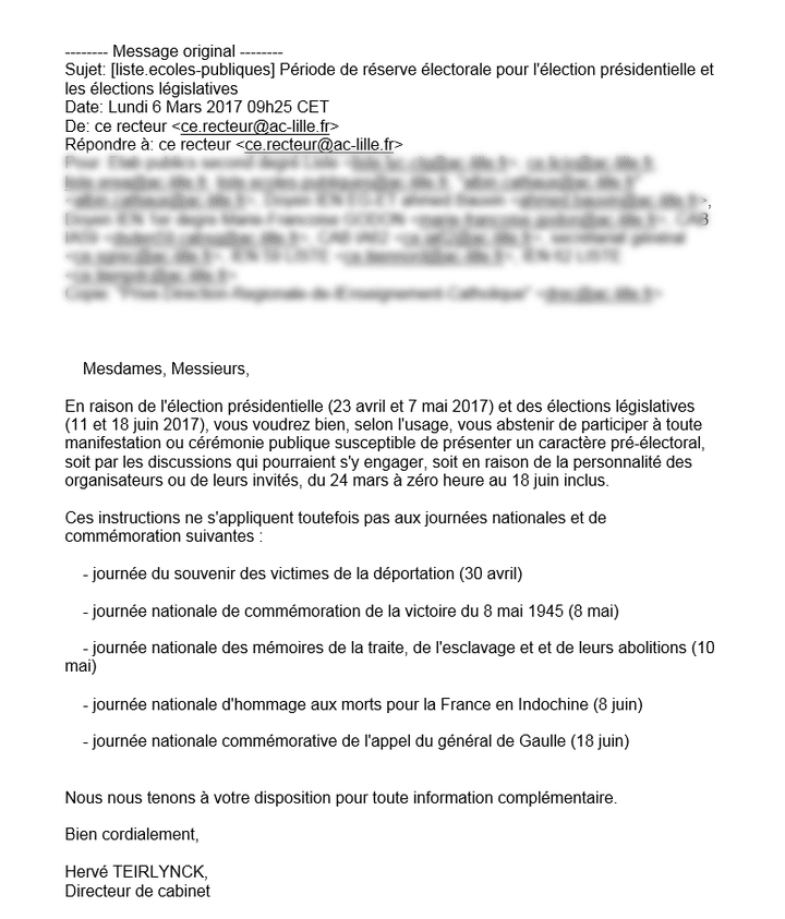 Le mail du rectorat de Lille, envoyé le 6 mars. (DR)