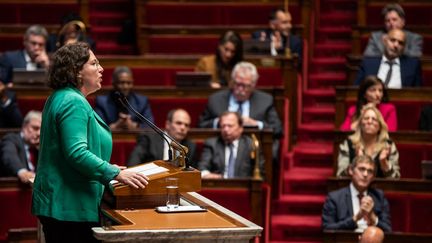 La présidente du groupe écologiste à l'Assemblée nationale, Cyrielle Chatelain, le 9 octobre 2024. (ANDREA SAVORANI NERI / NURPHOTO / AFP)