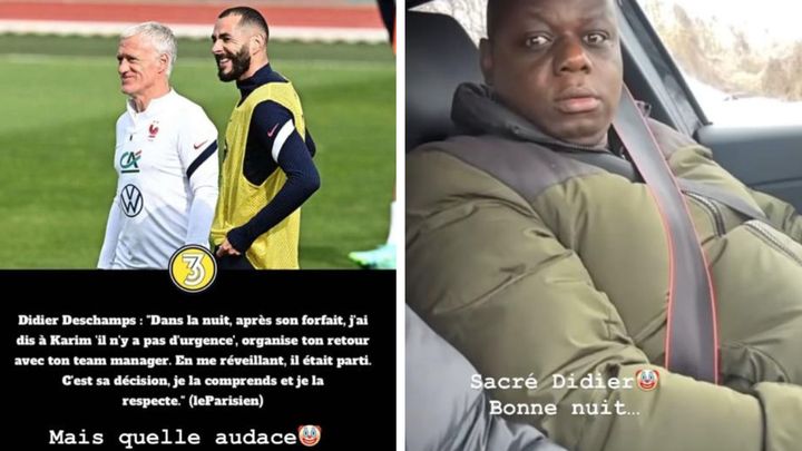 Capture d'écran de deux stories du compte Instagram de Karim Benzema, le 11 mars 2023. (Capture d'écran)