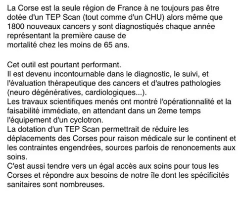 La tribune rappelle que "la Corse est la seule région de France à ne toujours pas être dotée d'un Tep scan. (CAPTURE D'ECRAN / RADIO FRANCE)