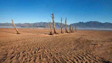 Le lac du barrage Theewaterskloof est à moins de 20 % de ses capacités. C'est la principale ressource de la ville du Cap. (Rodger BOSCH / AFP)