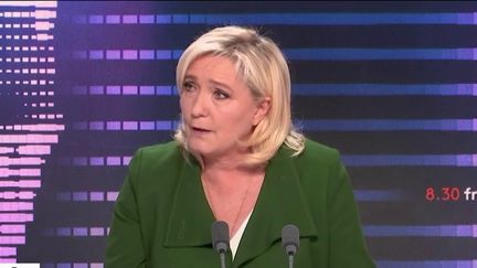 Marine Le Pen, candidate du Rassemblement national à la présidentielle, invitée du 8h30 franceinfo, lundi 21 mars 2022/ (FRANCEINFO)