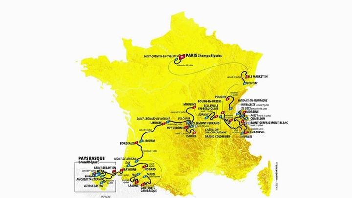 Dévoilé jeudi 27 octobre, le parcours du Tour de France 2023 est particulièrement exigeant. Les coureurs traverseront les cinq massifs de montagne de l'Hexagone. (FRANCEINFO)