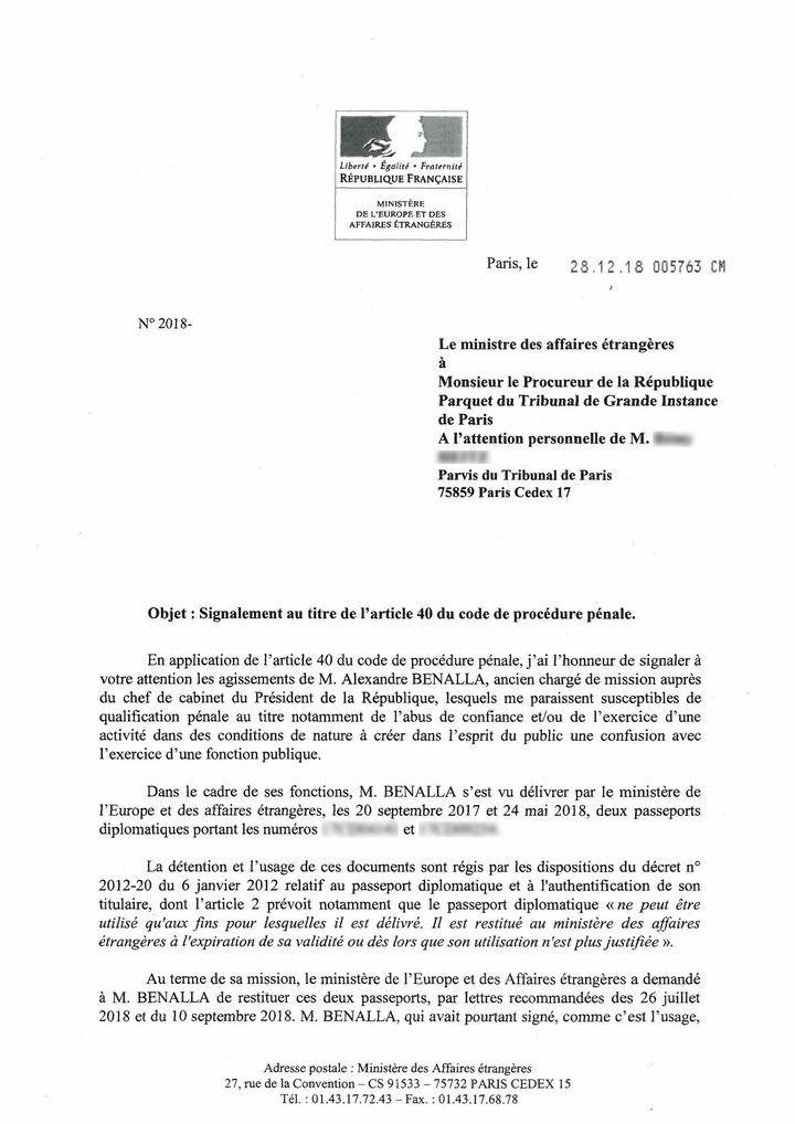 Dans une lettre datée du 28 décembre 2018, le ministre des Affaires étrangères saisit le procureur de la République concernant les agissements&nbsp;d'Alexandre Benalla. (FRANCEINFO / RADIOFRANCE)