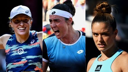 Iga Swiatek (à gauche), Ons Jabeur (au centre) et Maria Sakkari (à droite), font partie des grandes favorites pour la victoire à Roland-Garros en 2022. (Silas Stein / DPA / dpa Picture-Alliance via AFP - Tiziana FABI / AFP)